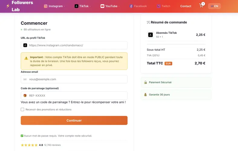 Processus de commande pour acheter followers TikTok